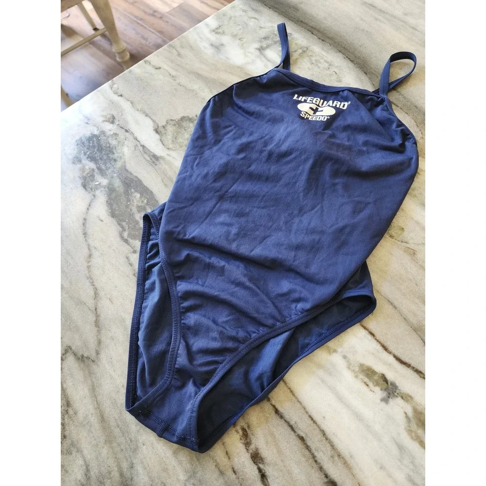Vintage 90s Speedo Lifeguard One Piece Swimsuit Navy Blue Crossback PBT Womens